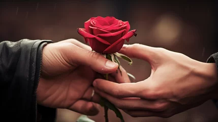 Selbstklebende Fototapeten Two hands of a couple holding a red rose as a valentines gift to show their love © Flowal93