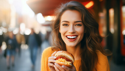 Cheerful young woman and street food in city. Woman with  hamburger in hands.