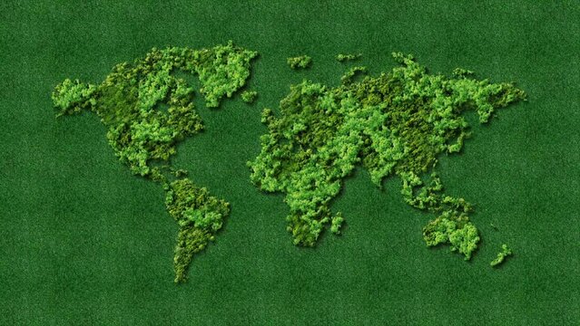 Green World Map-  tree or forest shape of world map isolated on white background. World Map Green- Earth day or environment day Concept. World map made up of various detailed trees on solid white