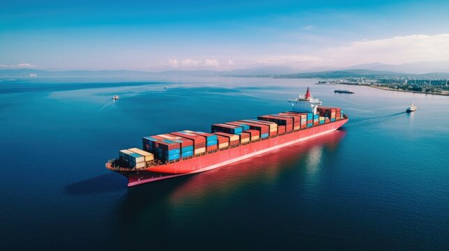 aerial top view of a container ship in the ocean, serving as a vital link for global business logistics, freight shipping,
