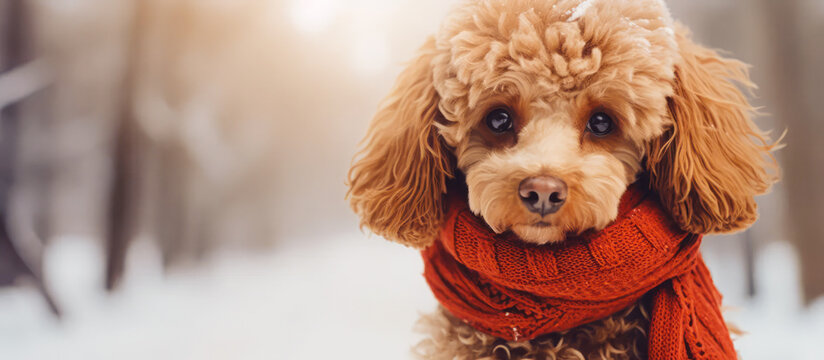 Cute dog in winter clothes on snow background.