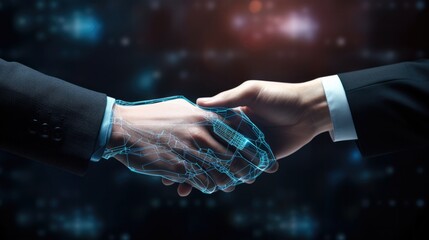 businessman shake hand in digital ai tranforms with robot ai hand arm