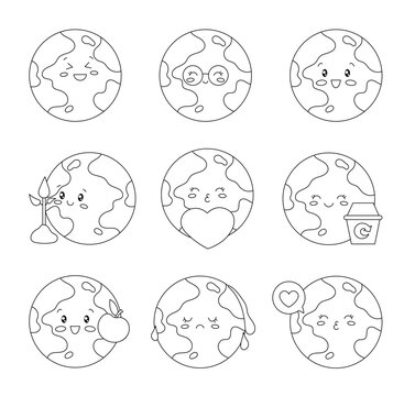 Cute kawaii Earth planet cartoon character. Coloring Page. Globe with different face. Hand drawn style. Vector drawing. Collection of design elements.