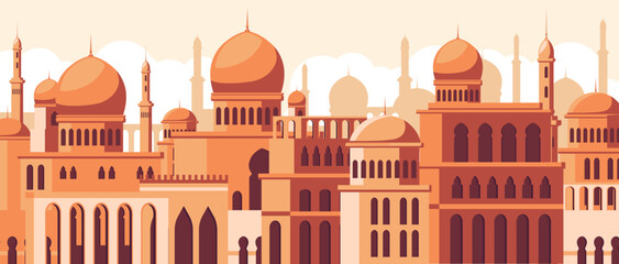 Arabian cityscape architecture, cartoon buildings, muslim antique mosque, ancient traditional town. Arab house silhouettes, historical authentic middle east religion urban. Vector illustration