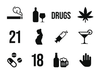 Smoke, drugs, alcohol icon set isolated on white background
