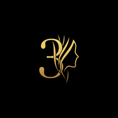 gold colored initial number 3 combined with female face indicating beauty use for salon, hair, business, logo, design, vector, company, branding, and more