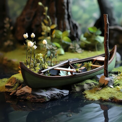 a simple riverside scene with a small wooden canoe