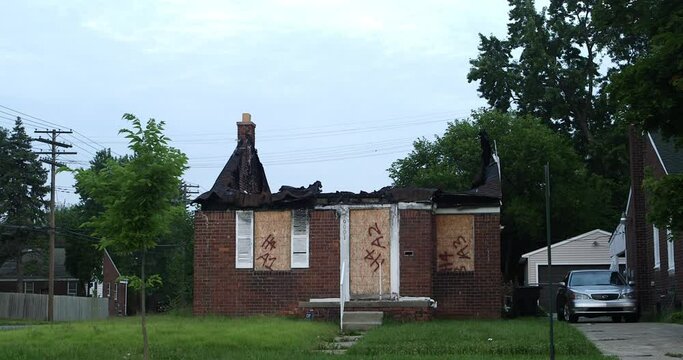 Fire damaged homes in Detroit waiting to be demolished.