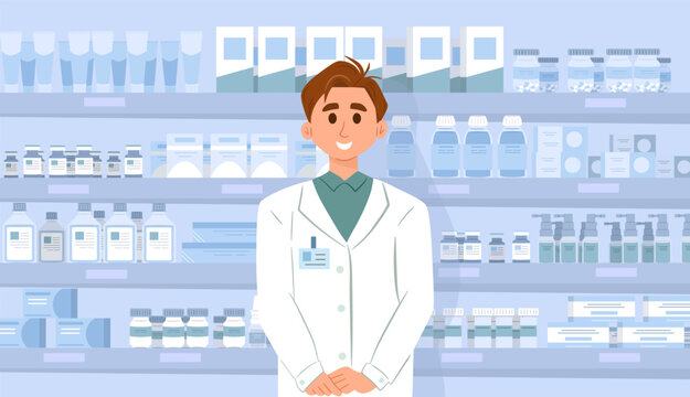 Doctor in white suit standing near pharmacy collection. Various drugs and pills. Health and medical care. Hospital or clinic drugstore interior. Pharmaceutical business. Vector illustration