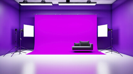 Studio room for display products, banner, advertising photography, dark and purple Wall background, an empty scene, neon spotlights reflection on the floor