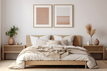 Bedroom interior decoration with Scandinavian-style, warm and cozy tone, Hygge vibe, Hygge tone and minimal modern decor design.