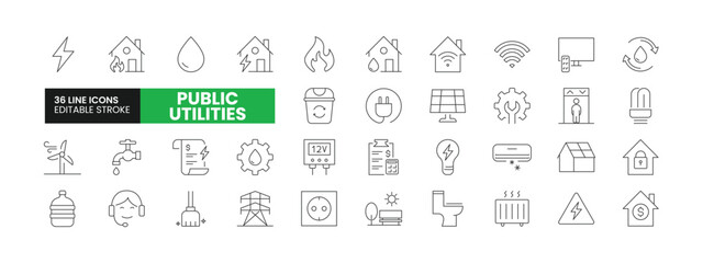 Set of 36 Public Utilities line icons set. Public Utilities outline icons with editable stroke collection. Includes Water, Fuel, Electricity, Solar House, Maintainence, and More. - obrazy, fototapety, plakaty