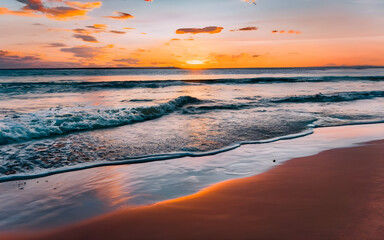 Tranquil Serenity, A Majestic Sunrise Over a Peaceful Beach with Gentle Waves