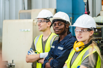 Professional engineer team full skill quality for maintenance service and training in industry worker, warehouse workshop for mechanical engineering factory operators, machinery production teamwork