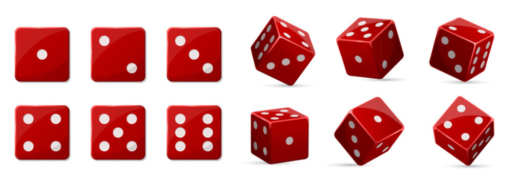 Straight and turned vegas casino red dice in row. One to six position cube. Take chance. Gambling addiction, risky money, lucky game. Isolated on white background. Vector illustration