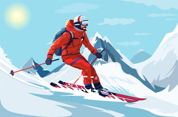 Sliding professional skier in red warm sport suit with googles. Extreme downhill. Scenic picturesque mountain landscape. Winter holiday resort and vacation. Vector illustration