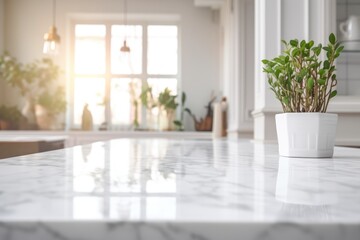 white and bright marble table foreground with blurred kitchen background
