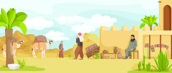 Arabian small town cityscape architecture, cartoon buildings, muslim antique mosque, traditional town. Camel caravan with bedouin. Authentic middle east religion urban house. Vector illustration - obrazy, fototapety, plakaty