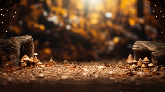 close up of autumnal leaves ground in firest with bokeh background