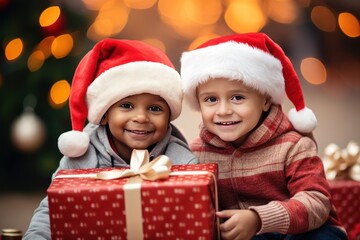 Fototapeta na wymiar two boys children in Santa hat with gifts