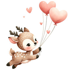 a very cute deer floating with a heart-shaped balloon, woodland animal valentine - obrazy, fototapety, plakaty