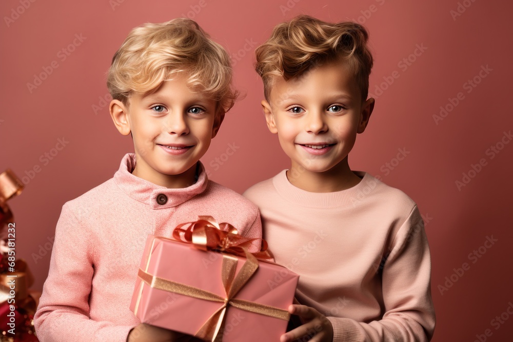 Wall mural happy children boys with christmas presents