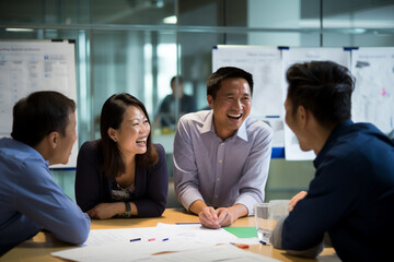 A genuine and collaborative discussion among diverse team members in a professional setting including Asian man and woman