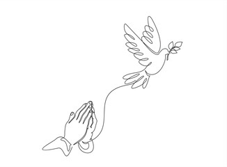 Continuous single one line drawing of Man Hands Pressed Together in Prayer Position and Flying Dove. Pray for peace. Action for Prayer, Gratitude and Thankful Isolated on White Background