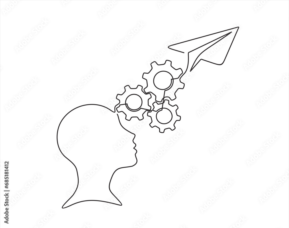Poster continuous modern drawing of a human head and brain thinking about startup business idea. brain, pap