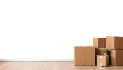 Isolated cardboards on wooden floor in front of transparent background. Move home and relocation graphic resource.