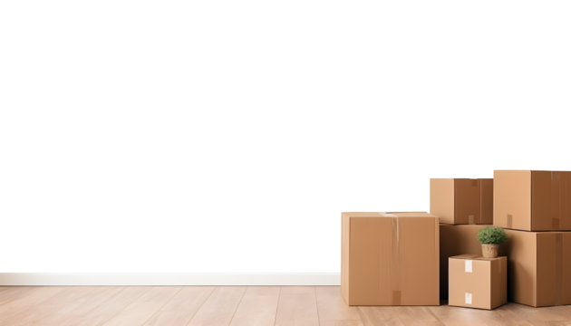 Isolated cardboards on wooden floor in front of transparent background. Move home and relocation graphic resource.