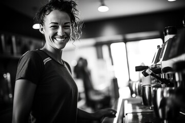 barista girl with coffee machine black white photo