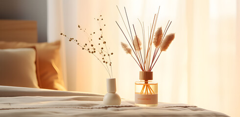 aromatherapy reed diffuser in front of bed  ai generative - obrazy, fototapety, plakaty