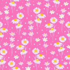 Fototapeta na wymiar DItsy Daisy Floral Print. Pink white daisy flower seamless pattern. botanical garden with polka dots background. Good for fabric, fashion design, summer dress, clothing, pajama, textile, wallpaper.
