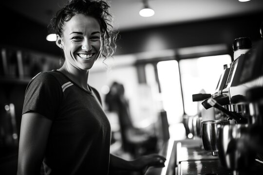Fototapeta barista girl with coffee machine black white photo