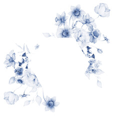 Floral frame in watercolor style on a white background. Card in indigo tones