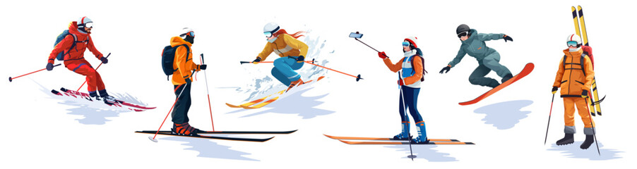 Set of winter skier in various position. Collection of sportsman doing sport activity. Extreme outdoor activity. Youth competition. Cartoon design. Isolated on white background. Vector illustration