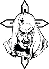 Cartoon devil head in black and white white