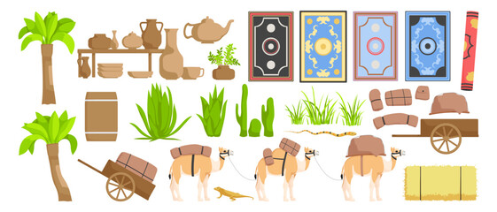 Collection of middle east caravan symbols. Set of various carpet, camel, palm, pottery, cactus, cart. Religious and traditional concept. Isolated on white background. Vector illustration