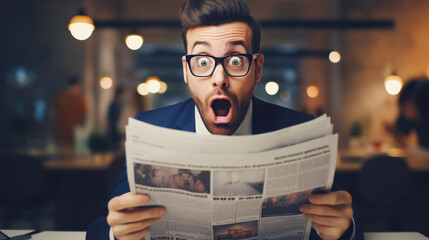 Shocked man reading morning newspaper.  - obrazy, fototapety, plakaty