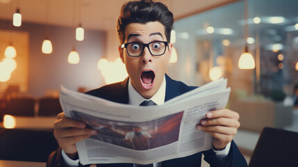 Shocked man reading morning newspaper. 