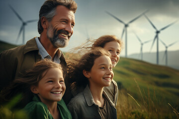 Happy family standing in nature with windmills. Ecology, renewable resources and sustainable energy - obrazy, fototapety, plakaty