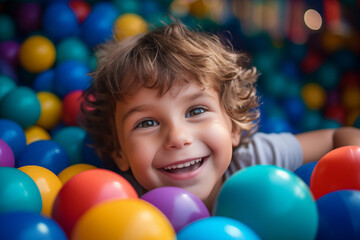 Fototapeta na wymiar A child is playing in a ball pit. Colorful toys for children. A playroom in a kindergarten or preschool. A kid on an indoor playground in kindergarten. Children's pool with balloons. Preschooler's Bir