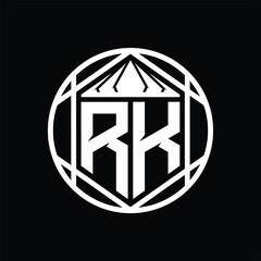 RK Letter Logo monogram hexagon slice crown sharp shield shape isolated circle abstract style design