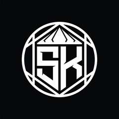 SK Letter Logo monogram hexagon slice crown sharp shield shape isolated circle abstract style design