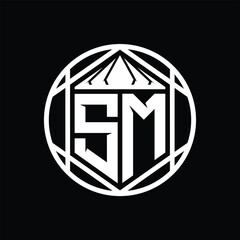 SM Letter Logo monogram hexagon slice crown sharp shield shape isolated circle abstract style design