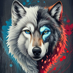 A wolf, one half beautiful white fur, with a blue eye, and the other half black fur with a red eye, typography, painting, illustration. Generative AI