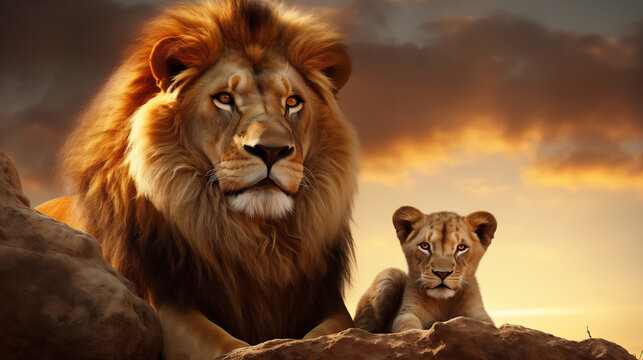 A proud, handsome male African lion lies in the savannah with his cub. Close-up portrait of lions in nature. Wild animal protection concept. Banner