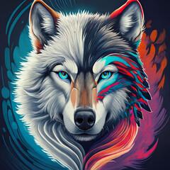 A wolf, one half beautiful white fur, with a blue eye, and the other half black fur with a red eye, typography, painting, illustration. Generative AI - obrazy, fototapety, plakaty