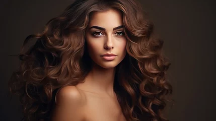 Foto op Aluminium photography of Beauty brunette girl with long shiny curly hair . Beautiful smiling woman model wavy hairstyle . Cosmetology, cosmetics and make-up. © NooPaew